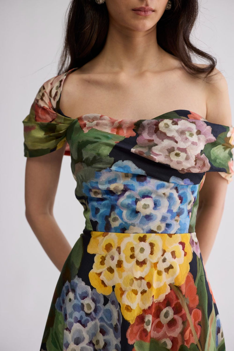 RAIN DRAPED OFF SHOULDER DRESS cotton satin dress by YAM in multicolor for women in Singapore