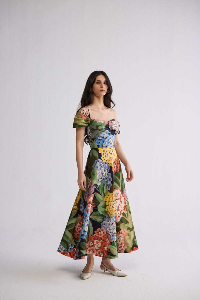 RAIN DRAPED OFF SHOULDER DRESS cotton satin dress by YAM in multicolor for women in Singapore