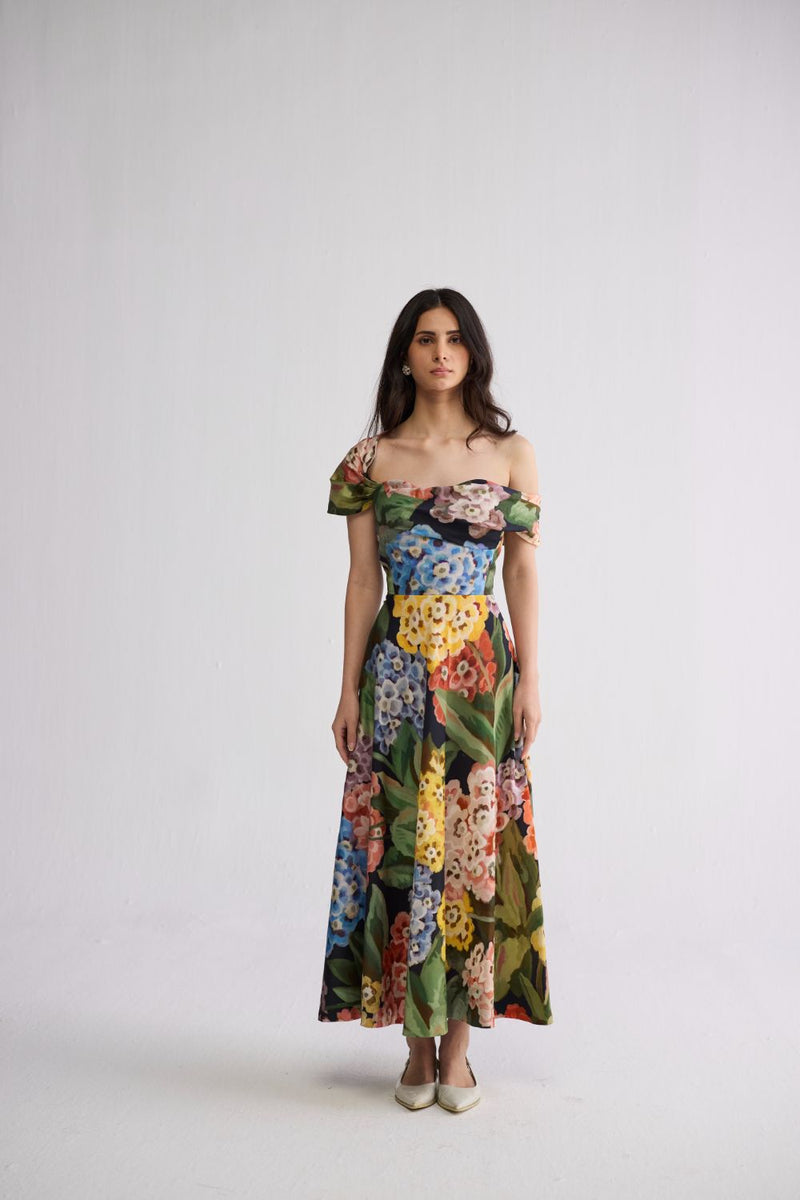 RAIN DRAPED OFF SHOULDER DRESS cotton satin dress by YAM in multicolor for women in Singapore