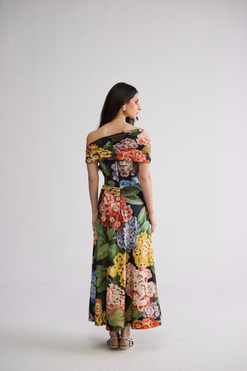 RAIN DRAPED OFF SHOULDER DRESS cotton satin dress by YAM in multicolor for women in Singapore