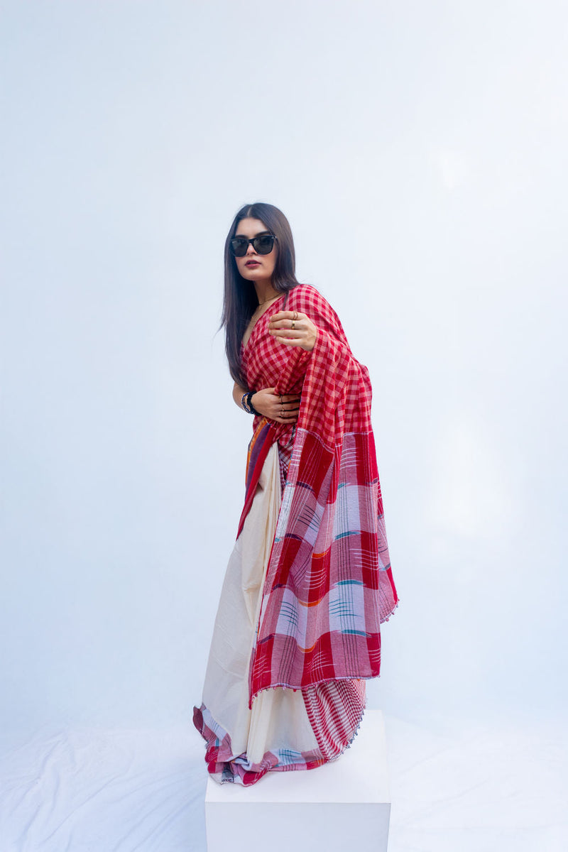 Fine Fiesta Saree woven gamcha, off-white khadi cotton saree by 145 East in red, white, multicolour for women in Singapore