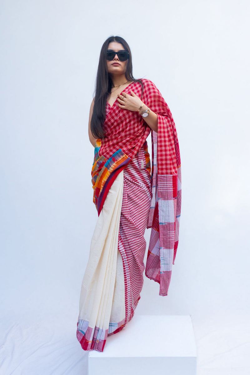 Fine Fiesta Saree woven gamcha, off-white khadi cotton saree by 145 East in red, white, multicolour for women in Singapore
