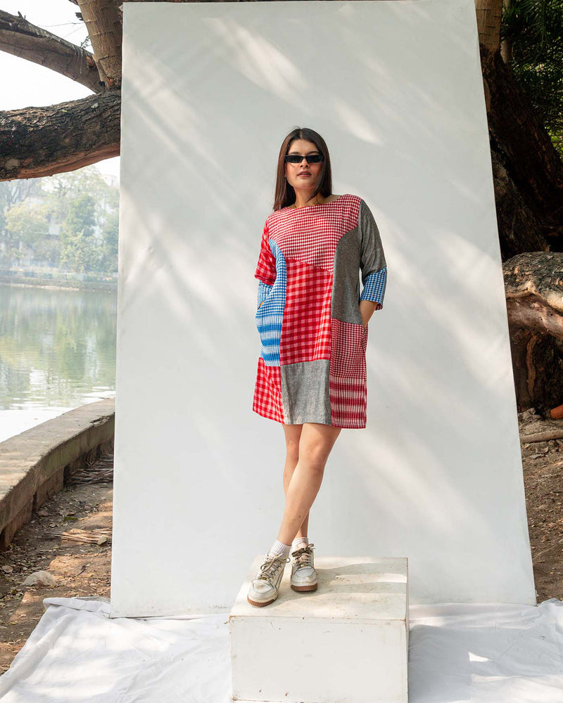 Colourblock Gamcha Dress gamcha dress by 145 East in red, blue for women in Singapore