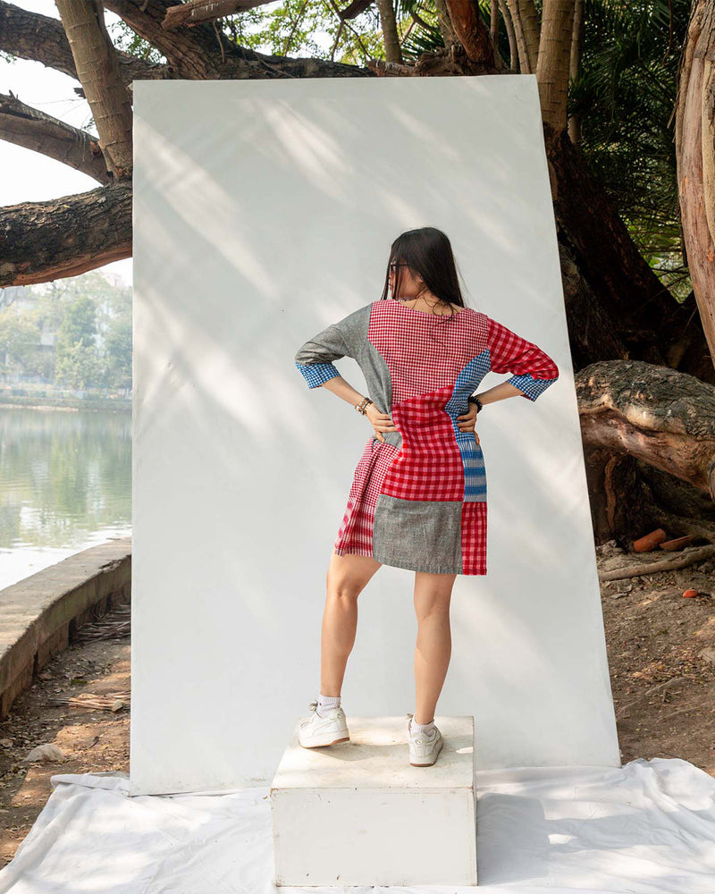 Colourblock Gamcha Dress gamcha dress by 145 East in red, blue for women in Singapore