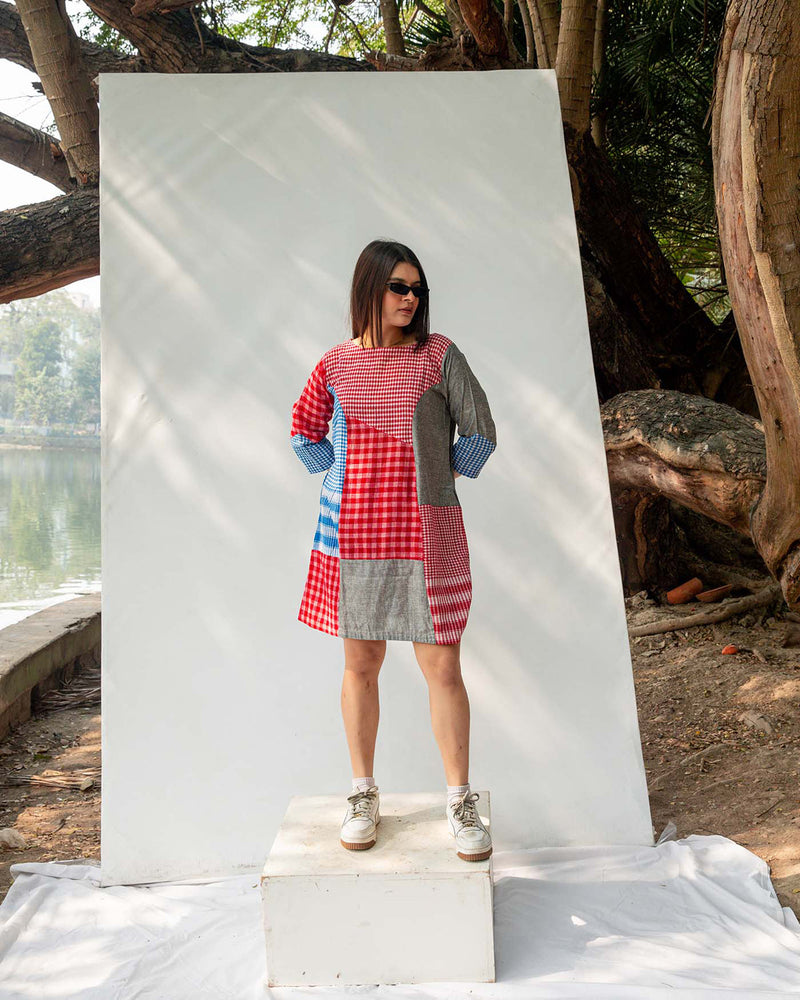 Colourblock Gamcha Dress gamcha dress by 145 East in red, blue for women in Singapore