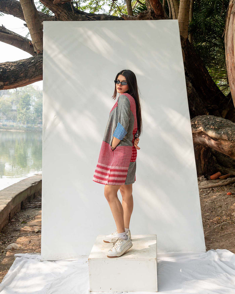Colourblock Gamcha Dress gamcha dress by 145 East in red, blue for women in Singapore