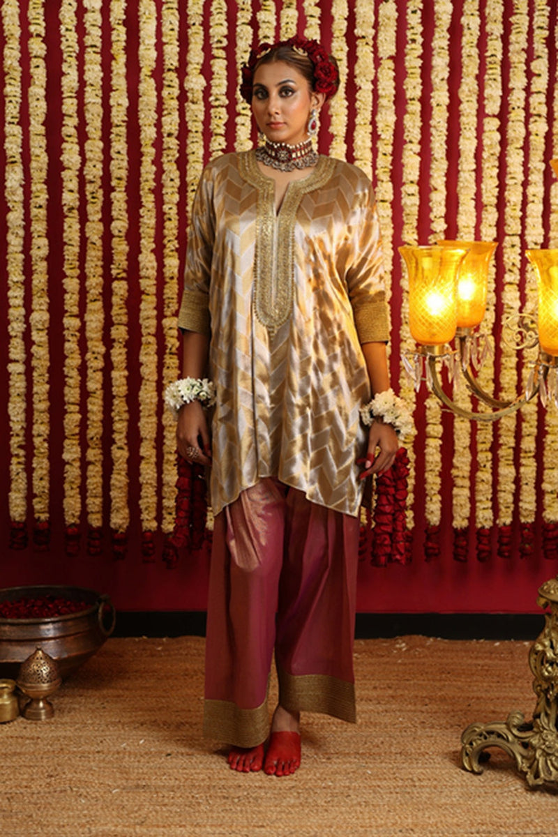 Chevron Tissue Tunic & Shalwar Set-Dusty Pink tissue kurta/kurta set by Sabo by Sabina in pink for women in Singapore