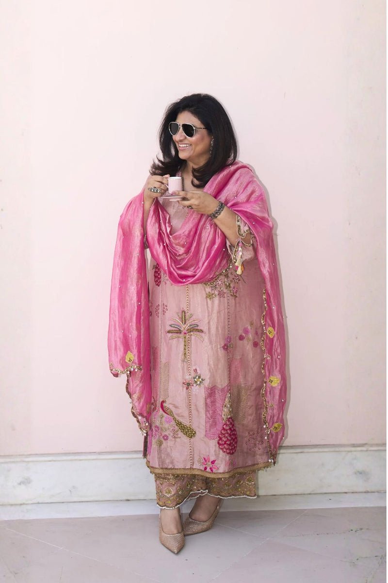 Raji Nude pink Tissue kurta set tissue silk kurta/kurta set by Rajiramniq in pink for women in Singapore