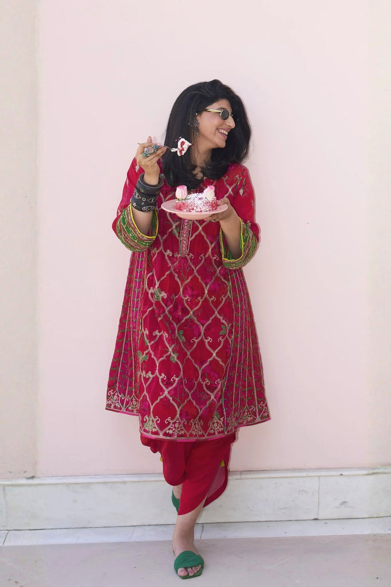 Ramniq Red Choga Style Kurta Set crepe kurta/kurta set by Rajiramniq in red for women in Singapore
