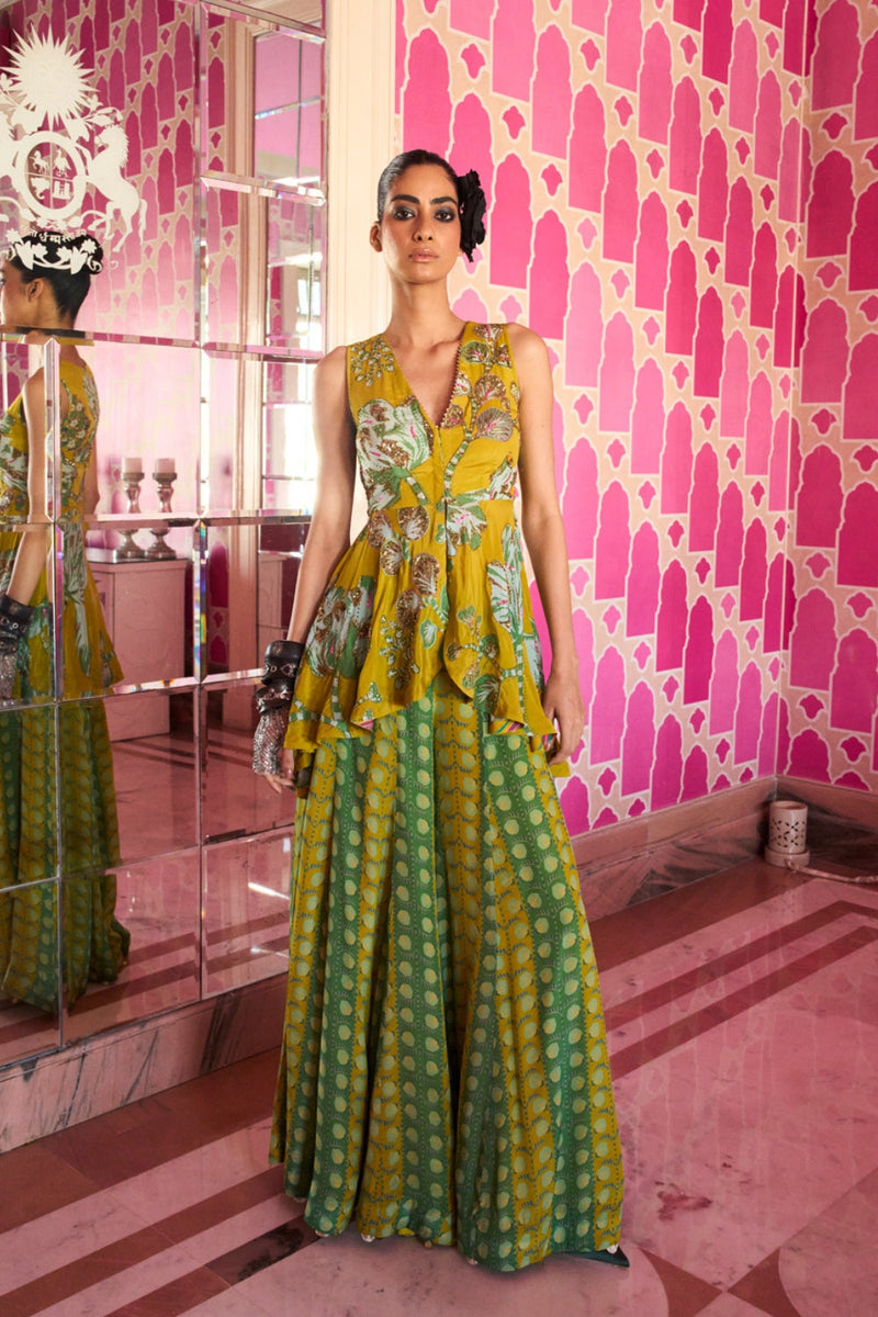 Retro Raani Yellow Sage Peplum Sharara set crepe kurta/kurta set by Rajiramniq in lime yellow for women in Singapore