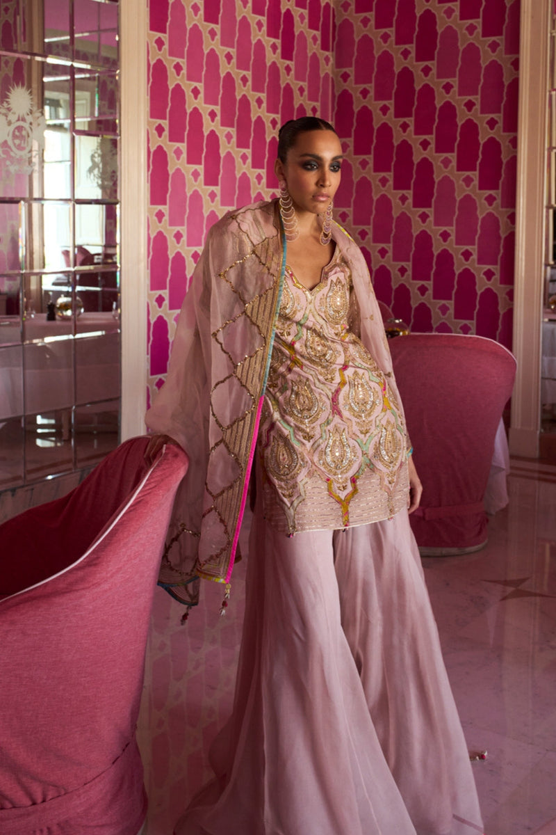 Retro Raani Champagne Pink Sharara Set silk, silk organza kurta/kurta set by Rajiramniq in pink for women in Singapore