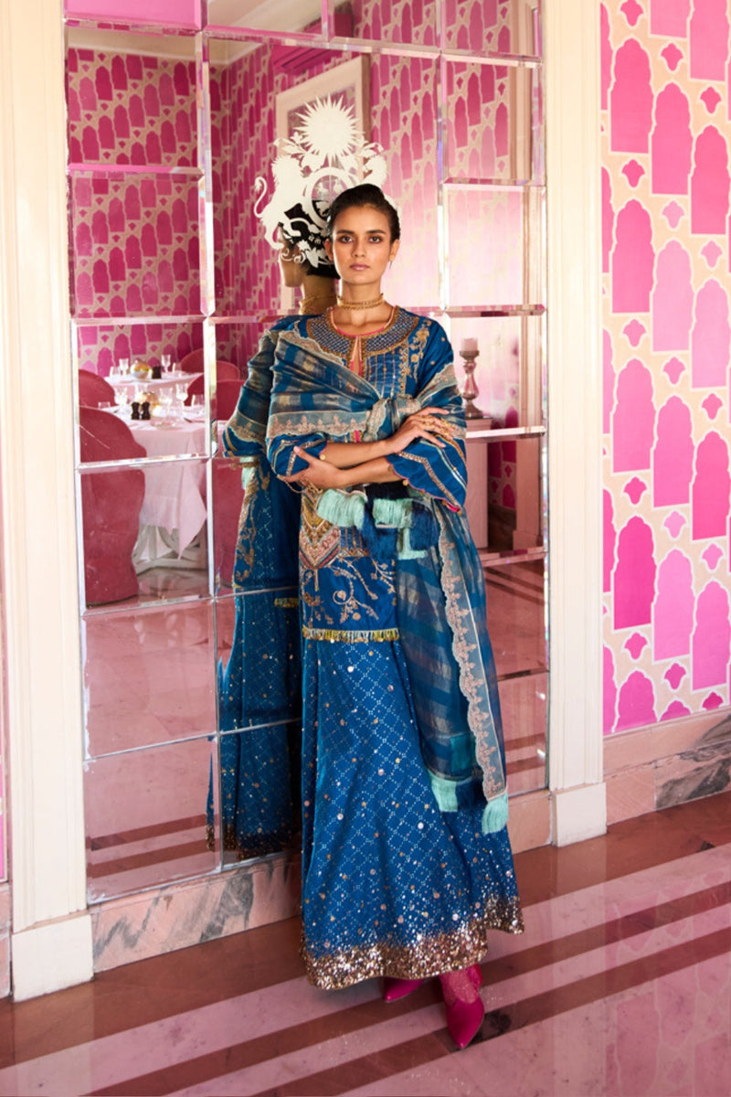 Retro Raani Teal Blue Tree Sharara Set silk, chanderi, silk tissue kurta/kurta set by Rajiramniq in teal blue for women in Singapore