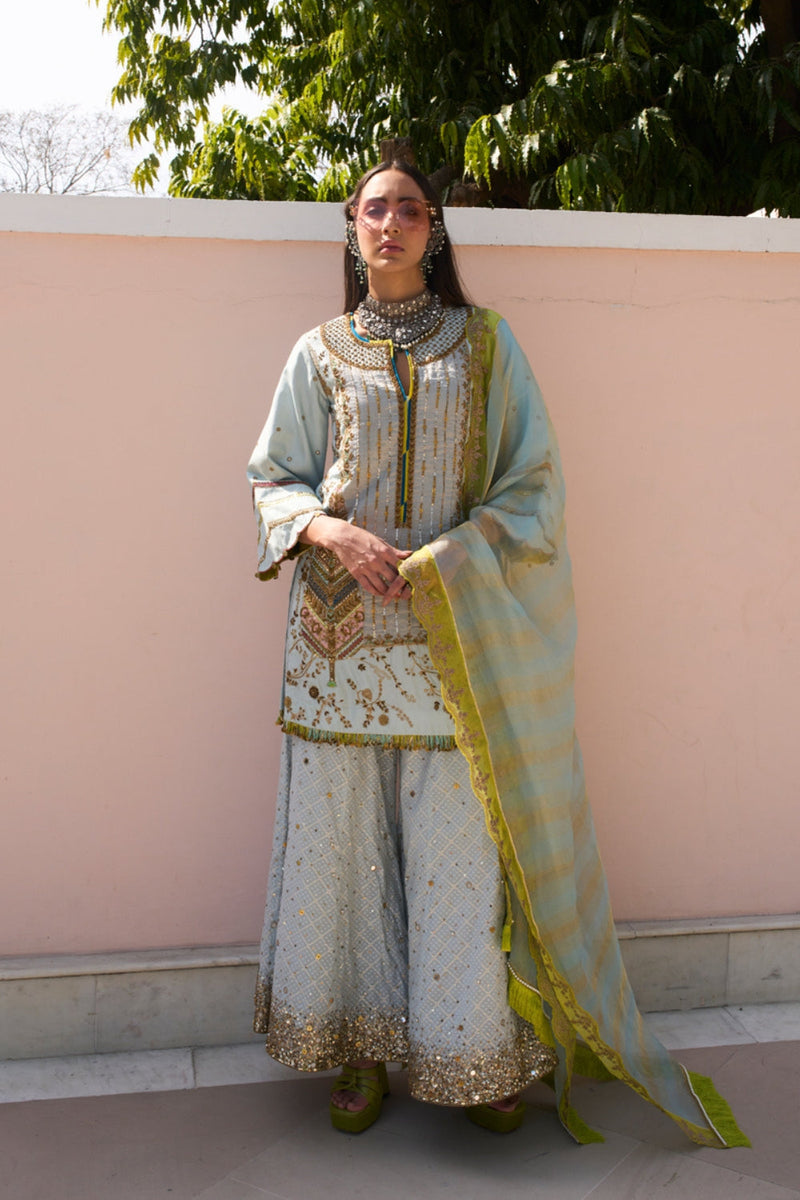 Retro Raani Sky Blue Tree Sharara Set silk, tissue kurta/kurta set by Rajiramniq in blue for women in Singapore