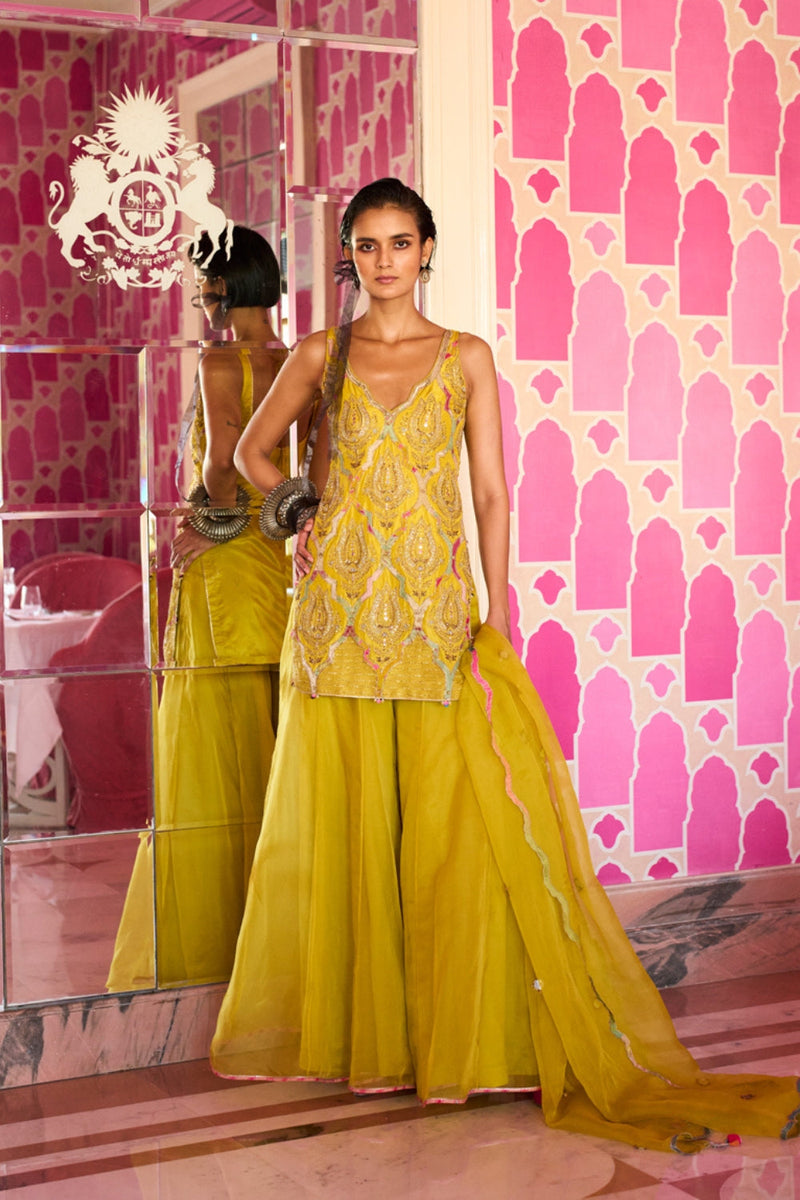 Retro Raani Yellow lotus Sharara Set silk, organza kurta/kurta set by Rajiramniq in lime for women in Singapore