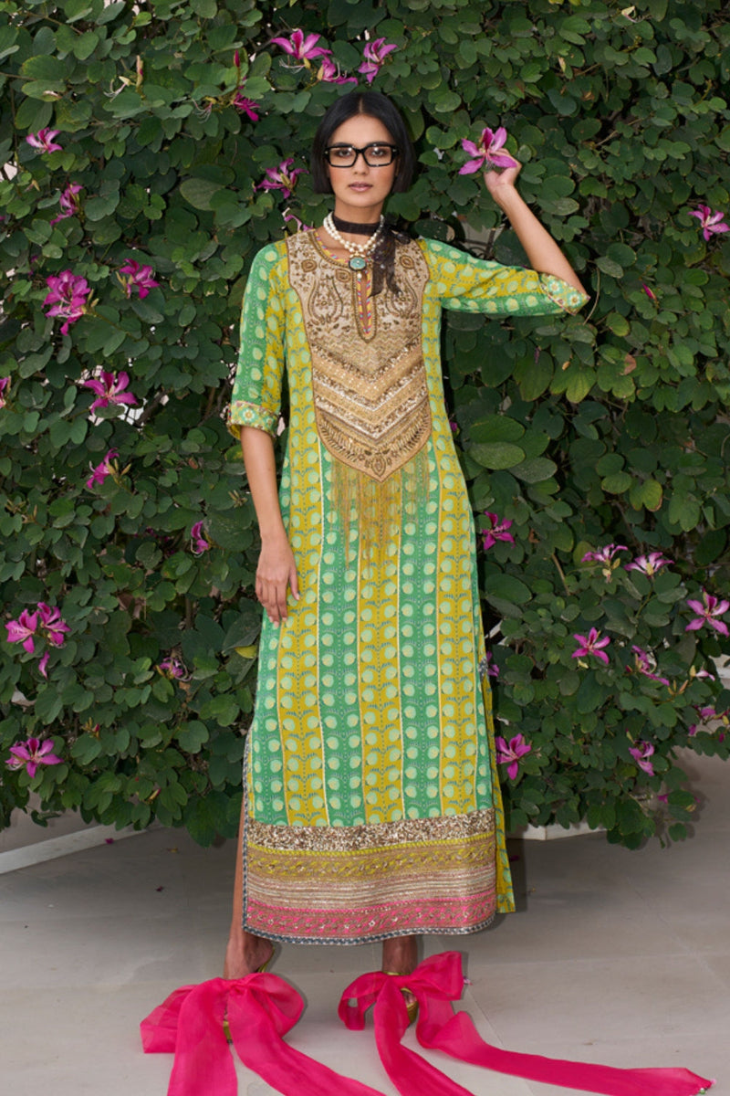 Retro Raani Tissue Yoke Printed Kaftan Dress crepe dress by Rajiramniq in lime yellow for women in Singapore