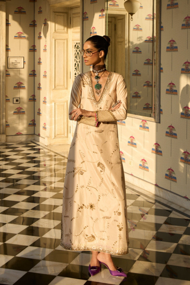 Retro Raani Ivory Jaal kaftan dress silk dress by Rajiramniq in ivory for women in Singapore