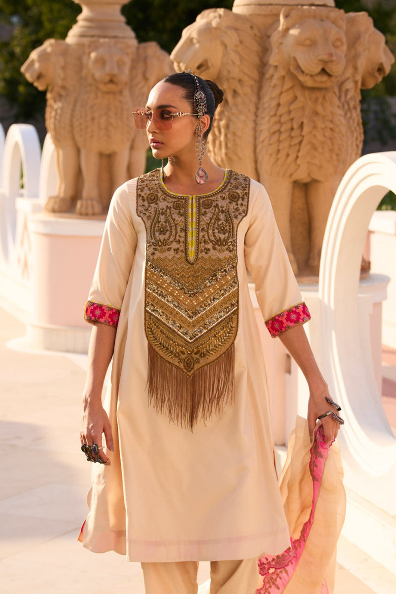 Retro Raani Tissue yoke Kurta set silk kurta/kurta set by Rajiramniq in ivory for women in Singapore