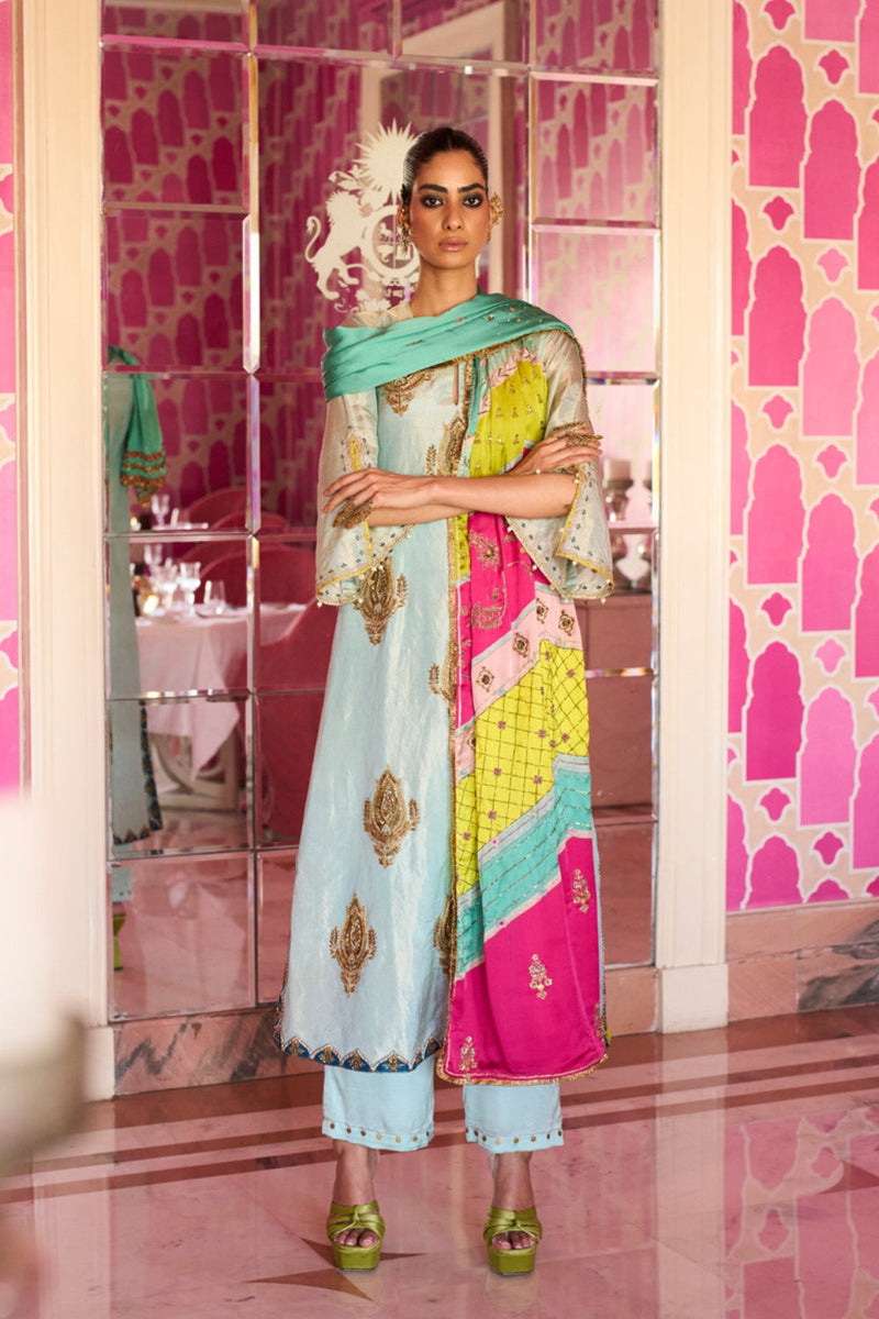 Retro Raani Powder Blue Boota Tissue Kurta Set tissue, modal satin and silk crepe kurta/kurta set by Rajiramniq in blue for women in Singapore