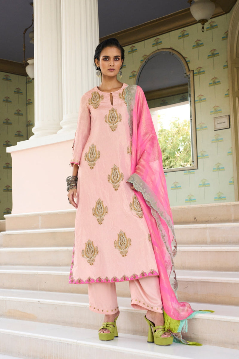 Retro Raani Pastel Pink Boota Tissue Kurta Set tissue, modal satin and silk crepe kurta/kurta set by Rajiramniq in pink for women in Singapore