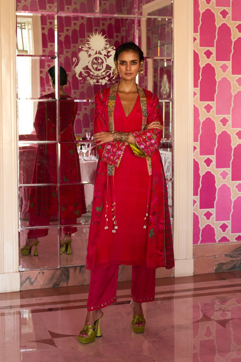 Retro Raani Red Jacket Kurta Set crepe kurta/kurta set by Rajiramniq in red for women in Singapore