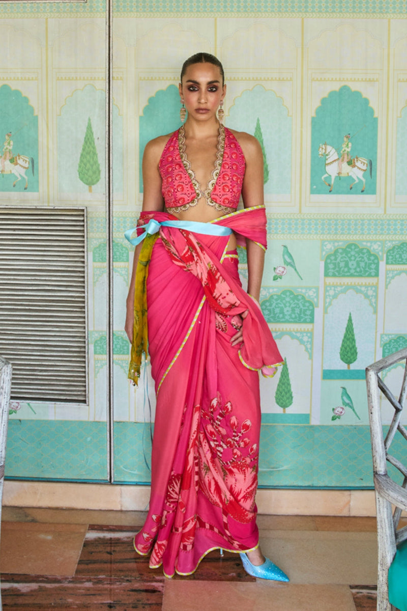 Retro Raani Candy Pink Saree Set crepe saree by Rajiramniq in pink for women in Singapore