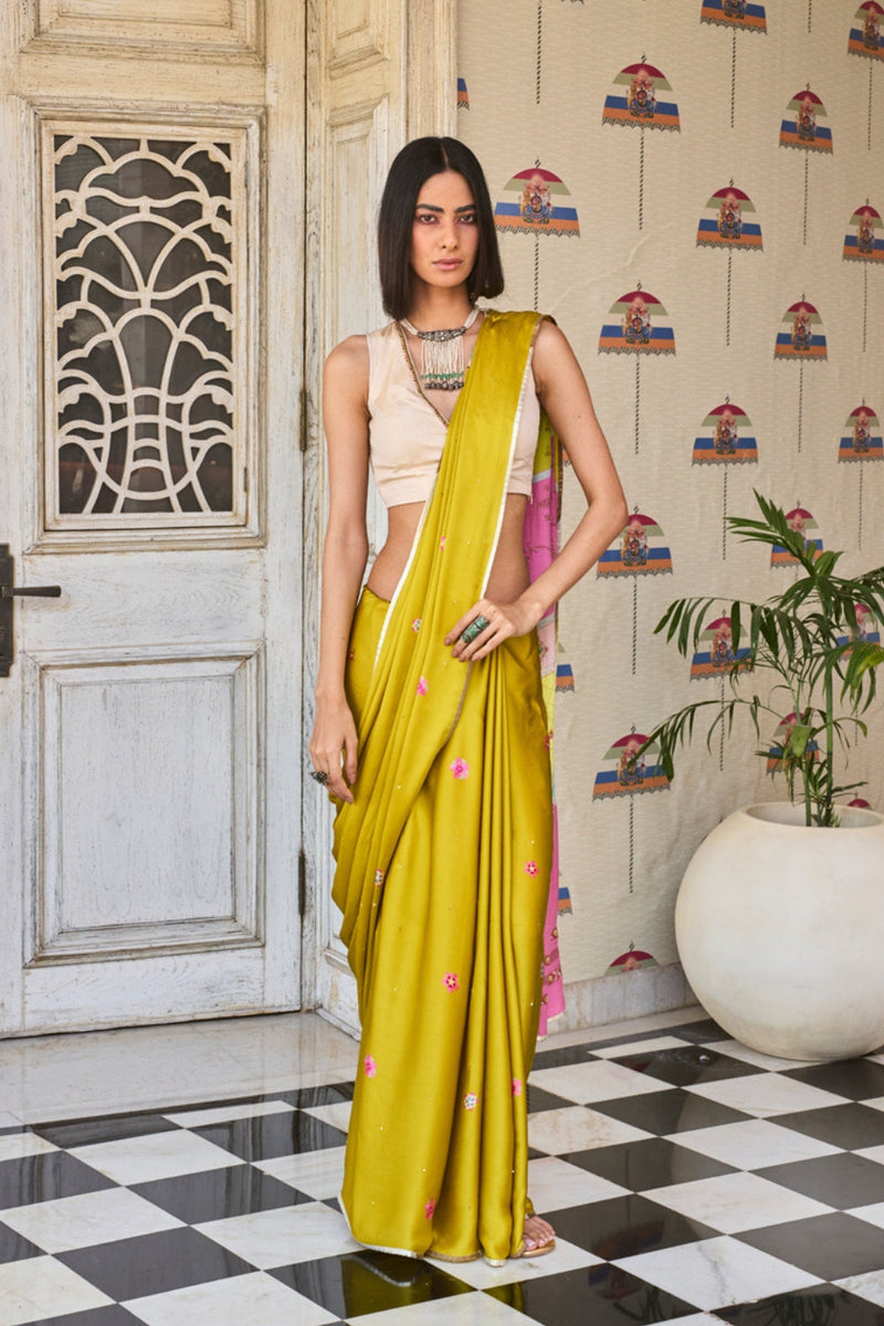 Retro Raani Multicolor Embroidered Saree Set satin crepe saree by Rajiramniq in ivory for women in Singapore