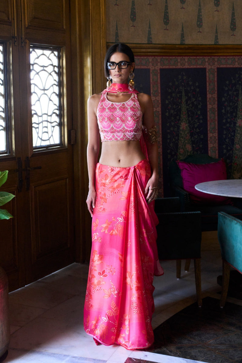 Retro Raani Candy pearl Blouse Saree Set silk, satin crepe saree by Rajiramniq in pink for women in Singapore