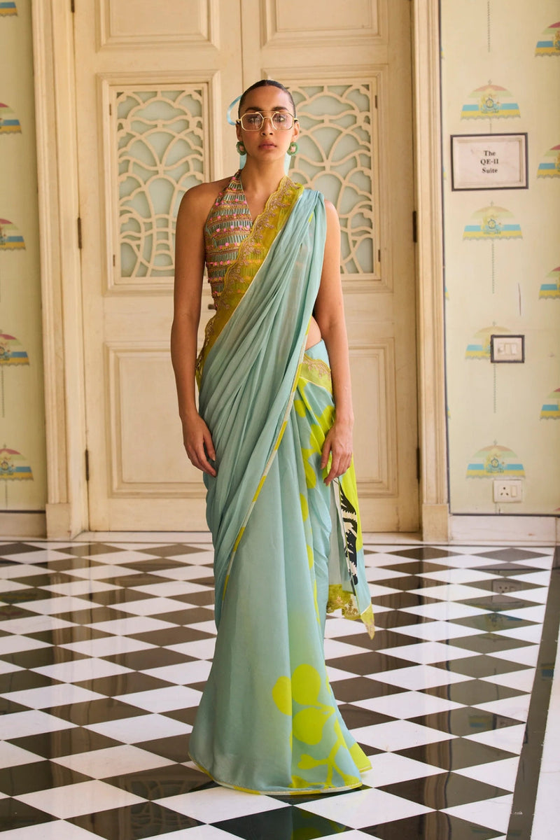 Retro Raani Powder Blue Metal Tassel Blouse Saree Set silk, crepe saree by Rajiramniq in blue for women in Singapore