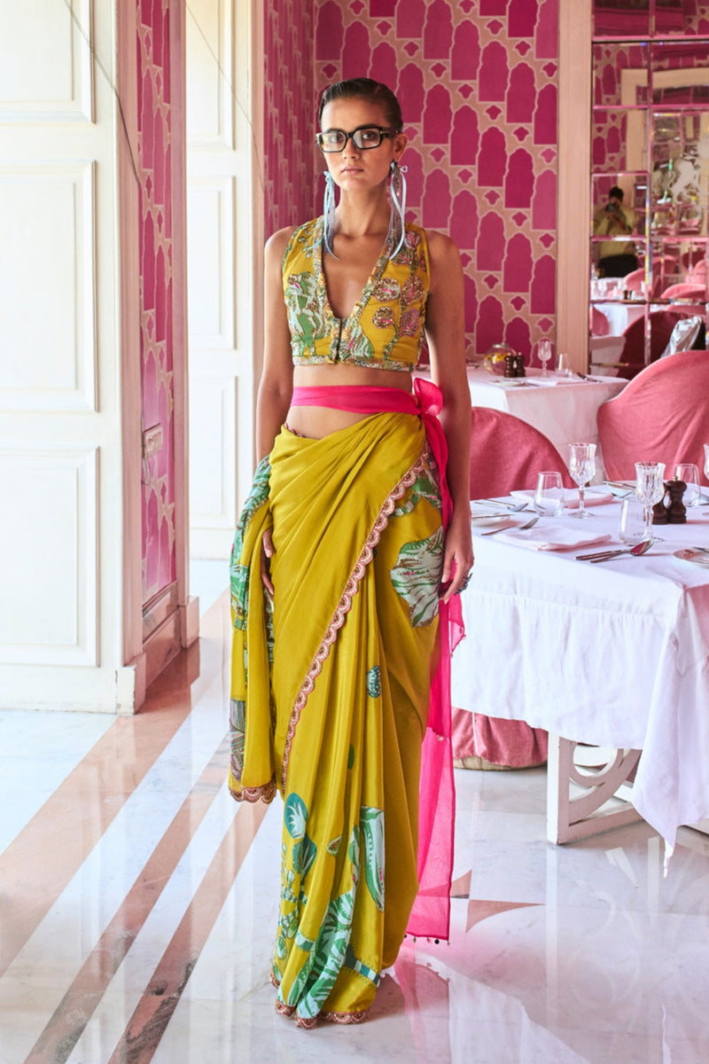 Retro Raani Yellow Sage Embroidered Saree Set crepe saree by Rajiramniq in lime yellow for women in Singapore