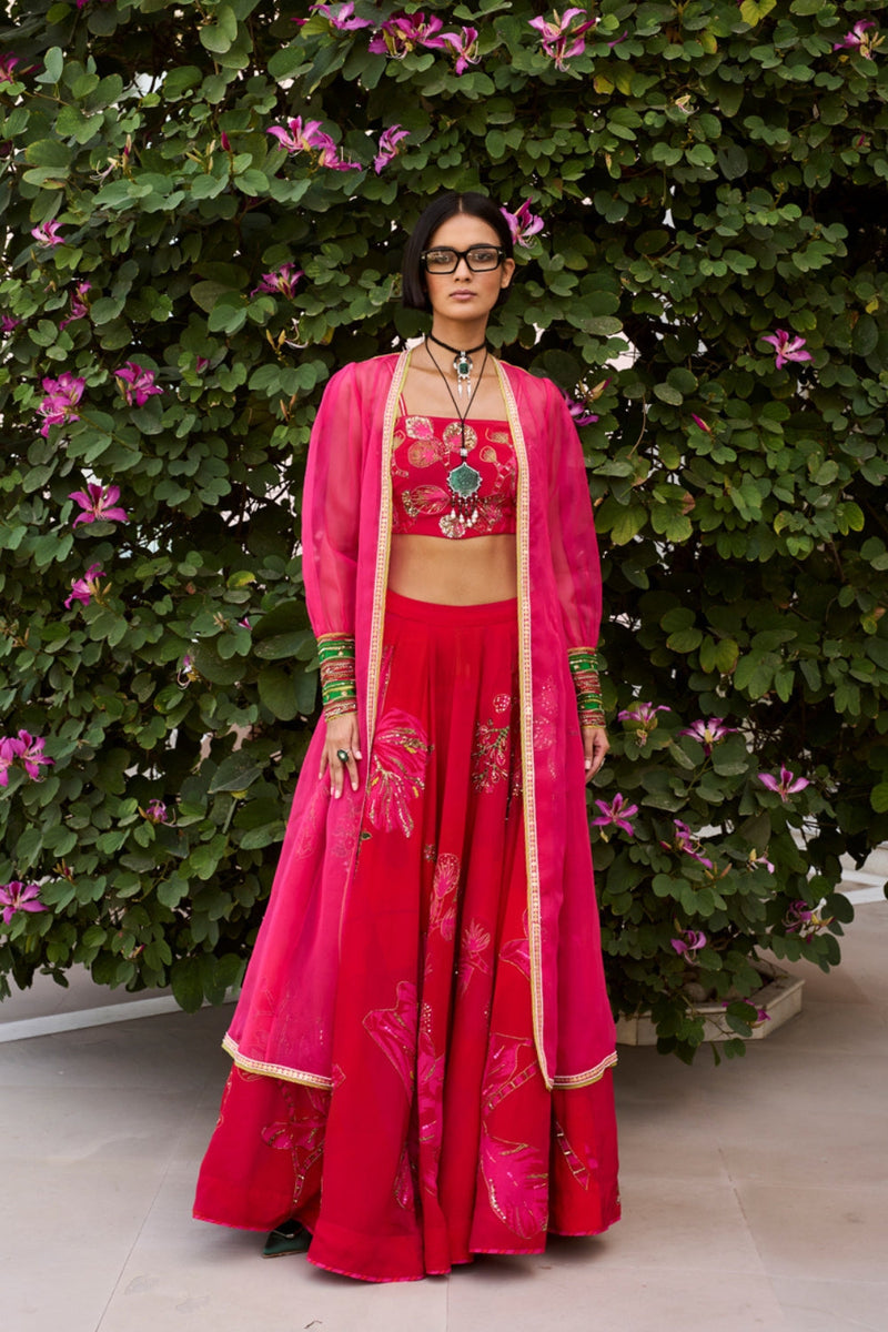 Retro Raani Red- Raani Pink Jacket Lehenga Set crepe, silk organza lehenga sets by in red-raani pink for women in Singapore