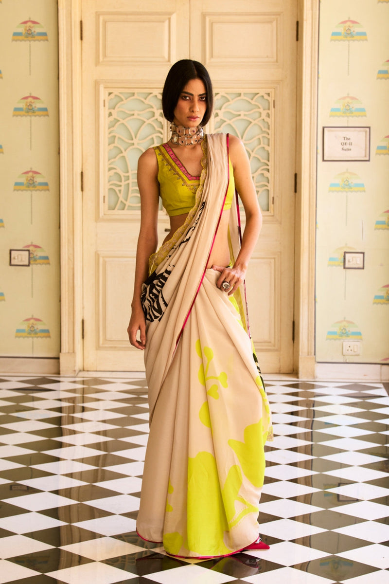 Retro Raani Beige Floral Printed Saree Set silk, crepe saree by Rajiramniq in beige for women in Singapore