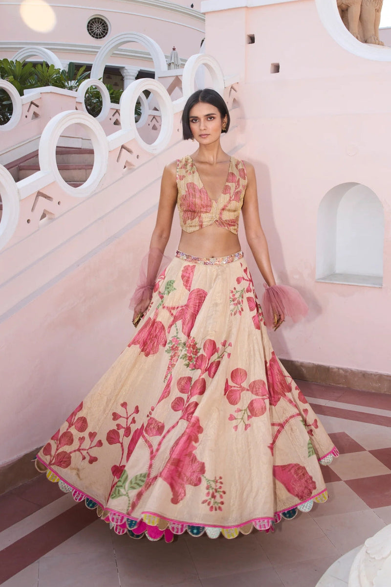 Retro Raani Tissue Waistcoat Lehenga Set silk tissue lehenga sets by Rajiramniq in ivory for women in Singapore