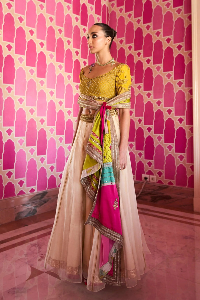 Retro Raani Ivory Organza Lehenga Set silk, silk organza and satin crepe lehenga sets by Rajiramniq in yellow for women in Singapore