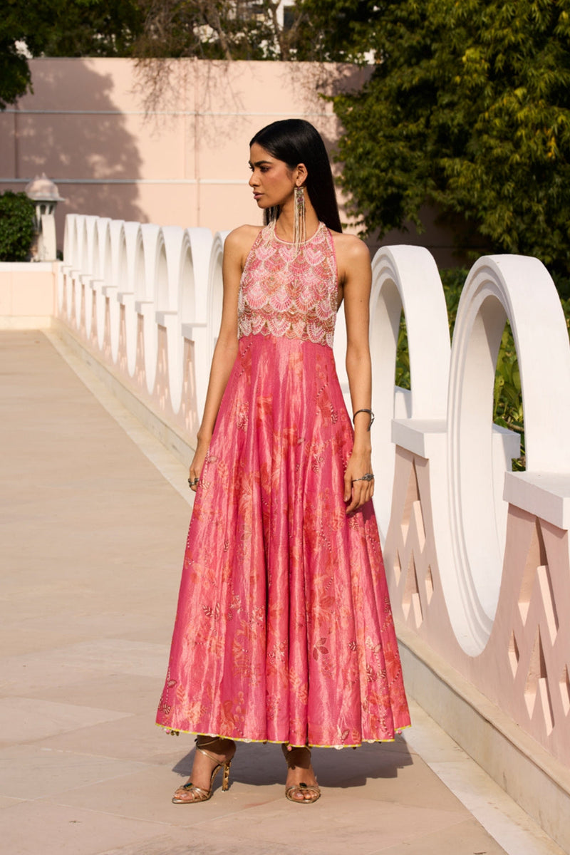 Retro Raani Candy Tissue Anarkali tissue silk kurta/kurta set by Rajiramniq in candy pink for women in Singapore