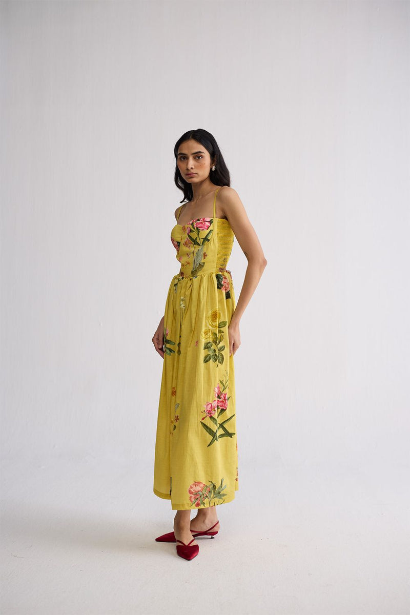 ROMY SMOCKED BRALETTE DRESS cotton satin dress by YAM in yellow for women in Singapore