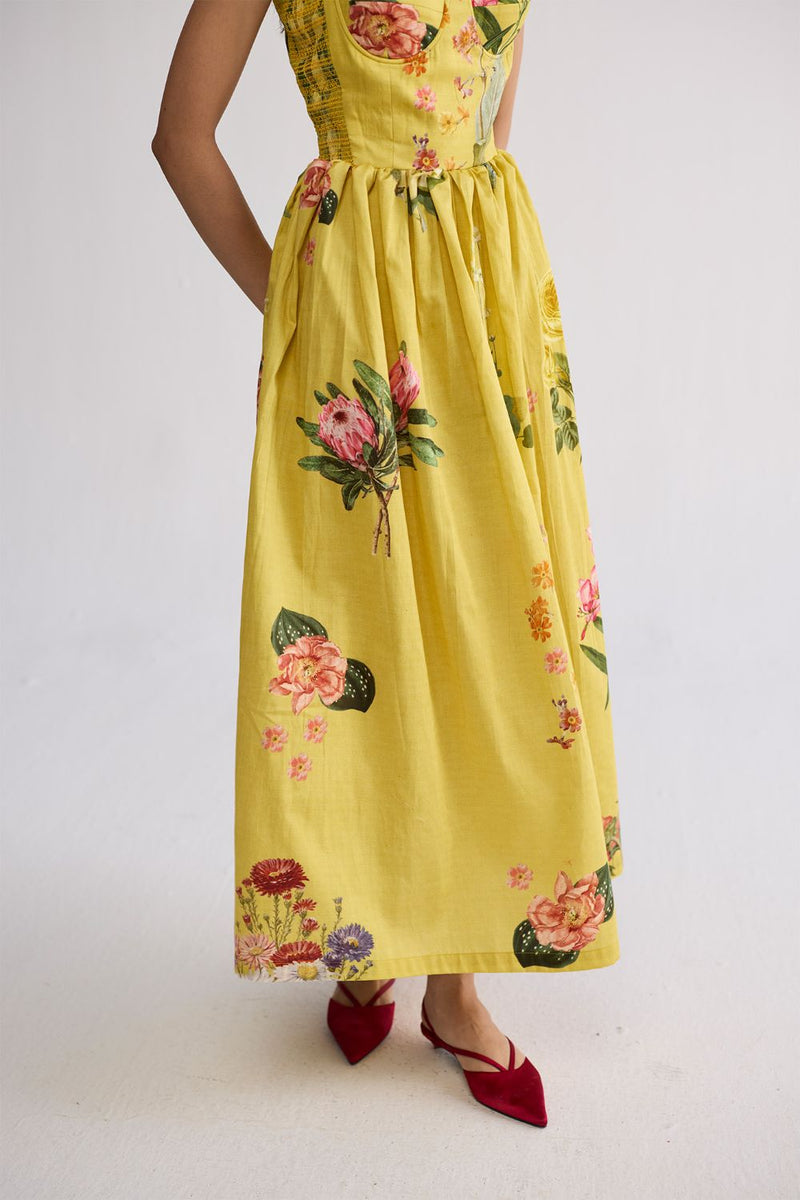 ROMY SMOCKED BRALETTE DRESS cotton satin dress by YAM in yellow for women in Singapore