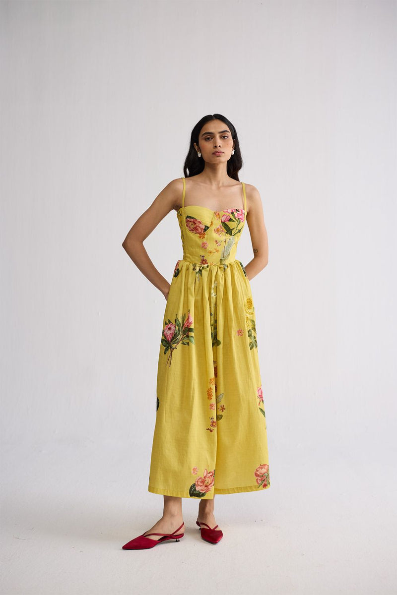 ROMY SMOCKED BRALETTE DRESS cotton satin dress by YAM in yellow for women in Singapore