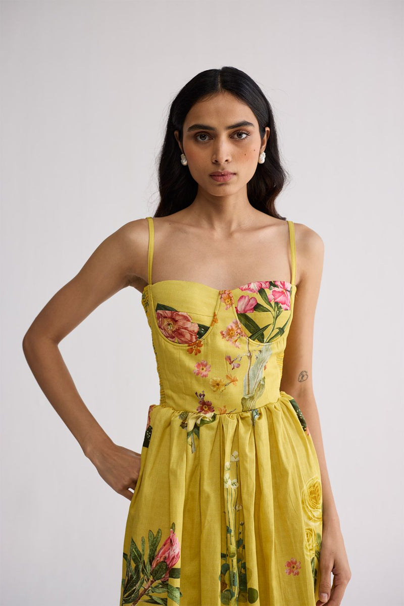 ROMY SMOCKED BRALETTE DRESS cotton satin dress by YAM in yellow for women in Singapore