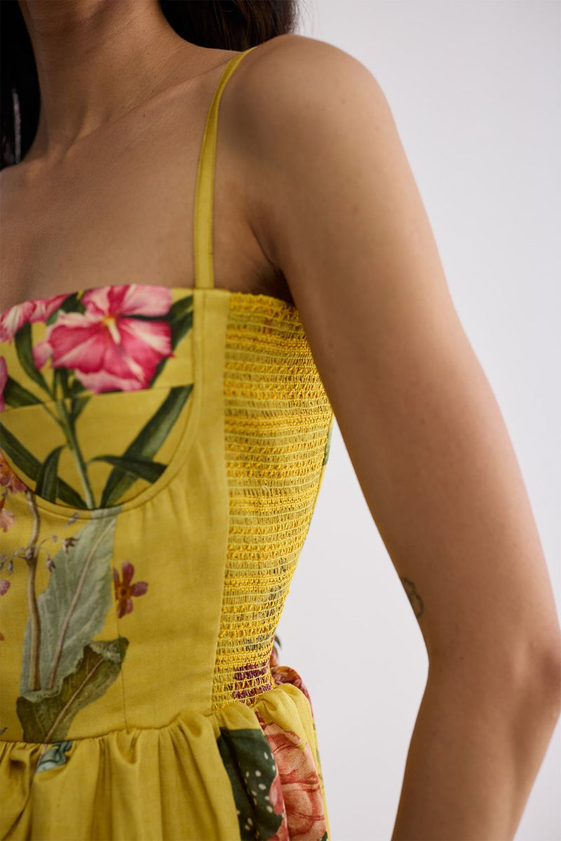 ROMY SMOCKED BRALETTE DRESS cotton satin dress by YAM in yellow for women in Singapore