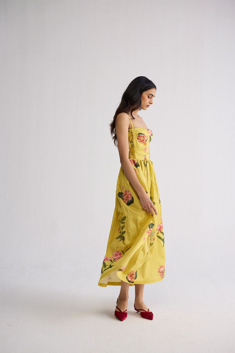 ROMY SMOCKED BRALETTE DRESS cotton satin dress by YAM in yellow for women in Singapore