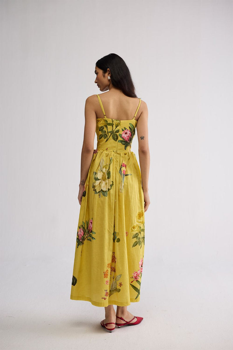ROMY SMOCKED BRALETTE DRESS cotton satin dress by YAM in yellow for women in Singapore