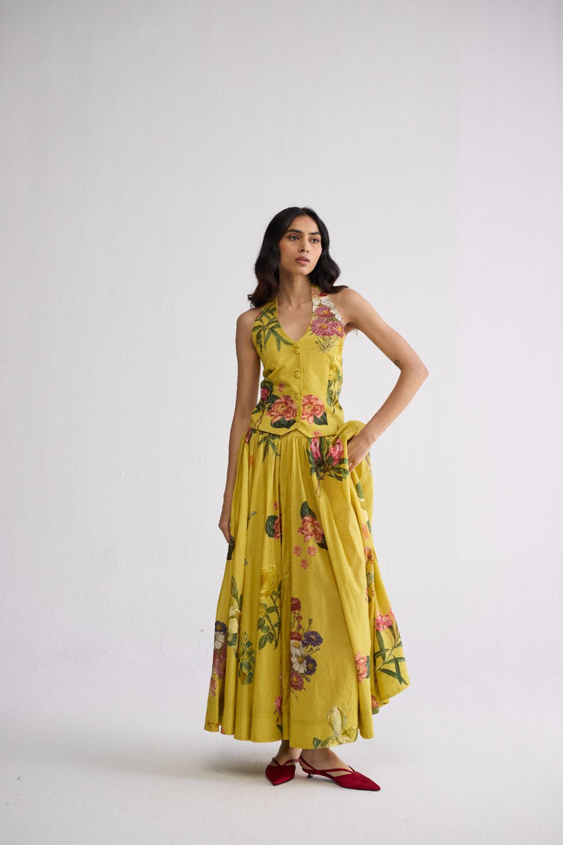 ROMY HALTERNECK WAISTCOAT & SKIRT SET cotton cambric co-ord set by YAM in yellow for women in Singapore