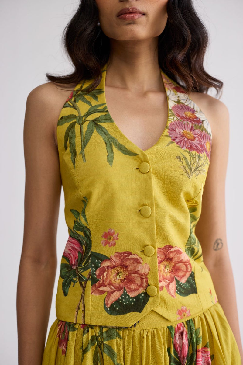 ROMY HALTERNECK WAISTCOAT & SKIRT SET cotton cambric co-ord set by YAM in yellow for women in Singapore