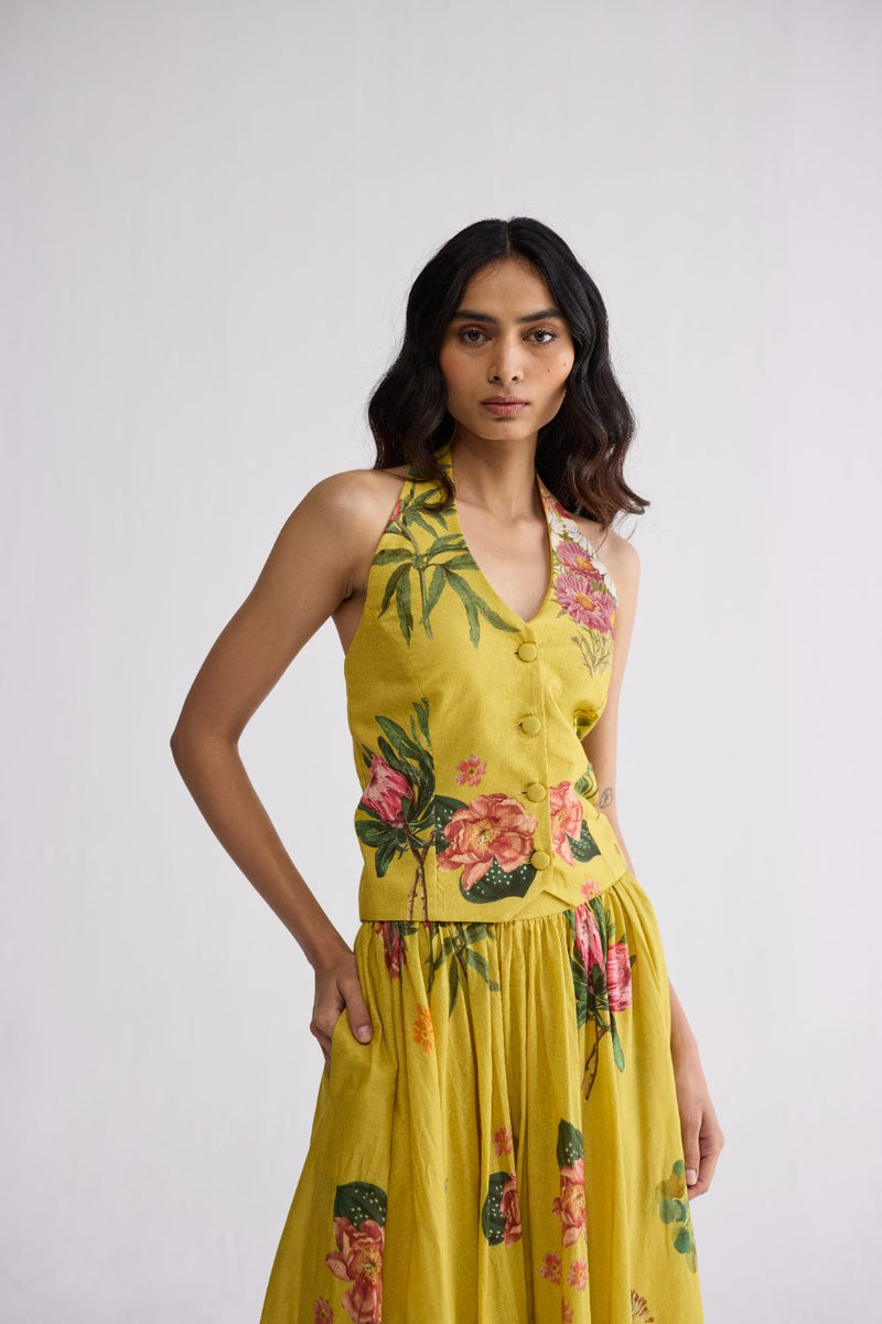 ROMY HALTERNECK WAISTCOAT & SKIRT SET cotton cambric co-ord set by YAM in yellow for women in Singapore