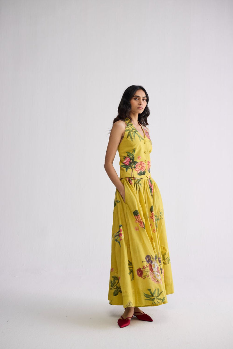 ROMY HALTERNECK WAISTCOAT & SKIRT SET cotton cambric co-ord set by YAM in yellow for women in Singapore
