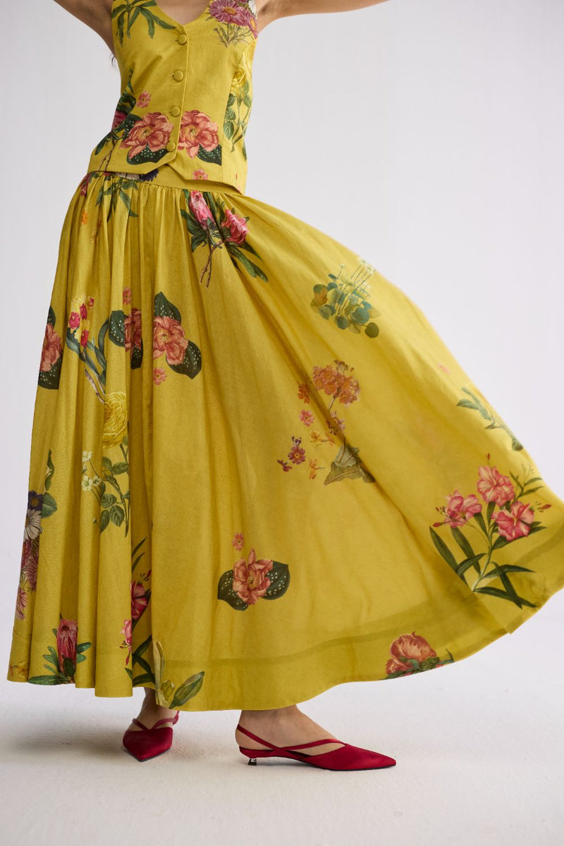 ROMY HALTERNECK WAISTCOAT & SKIRT SET cotton cambric co-ord set by YAM in yellow for women in Singapore