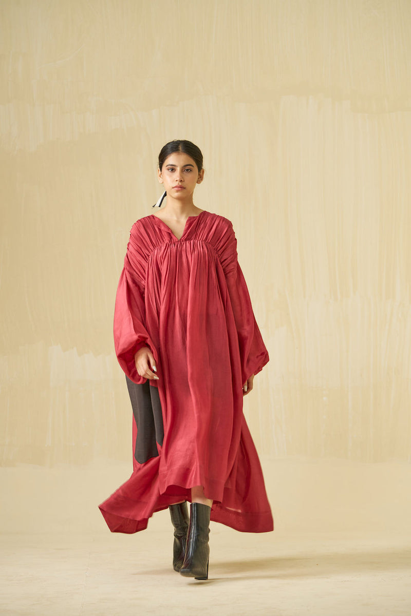 Rose Dress-Hibiscus + Dark Chocolate upada silk dress by Stoique in hibiscus, dark chocolate for women in Singapore