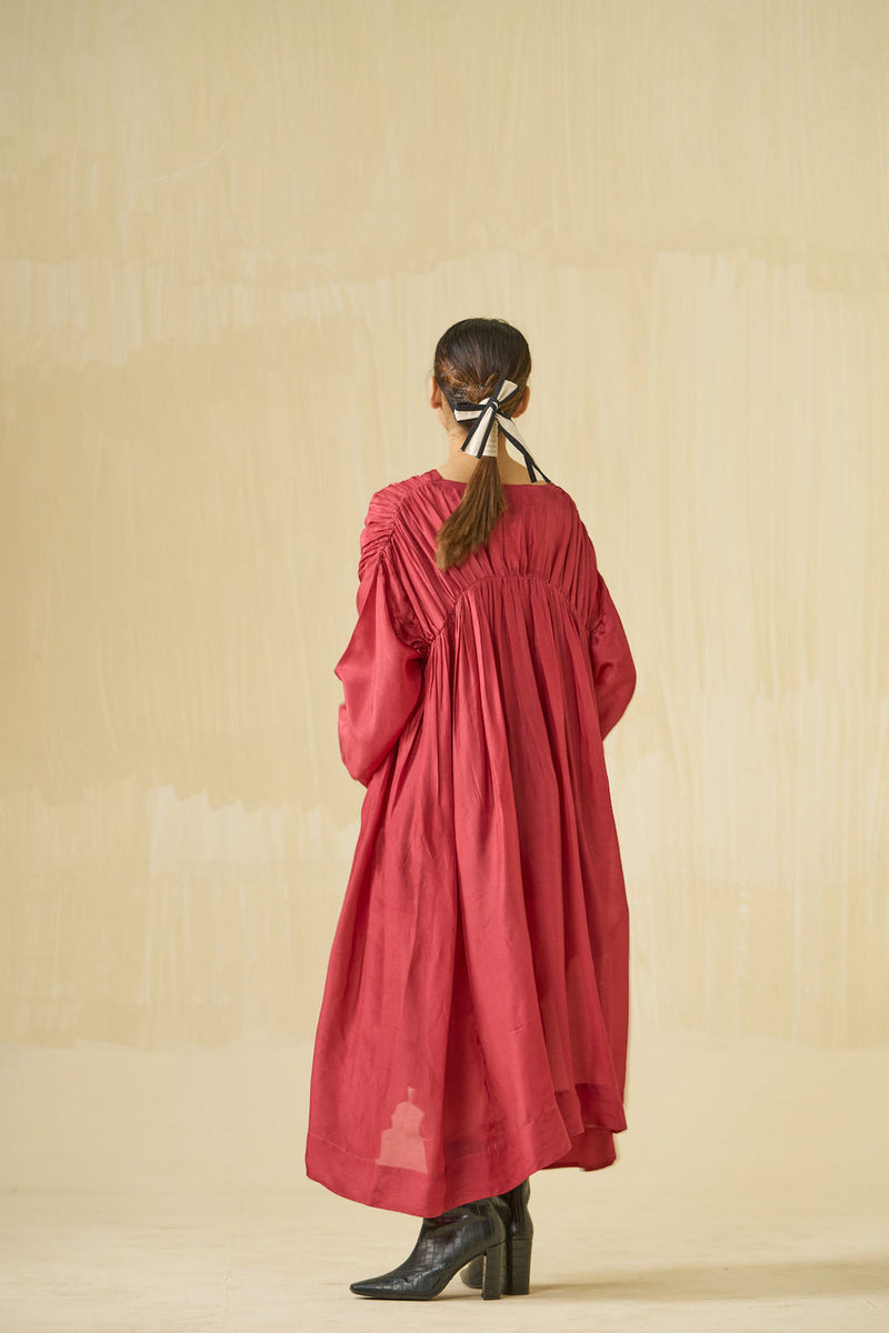 Rose Dress-Hibiscus + Dark Chocolate upada silk dress by Stoique in hibiscus, dark chocolate for women in Singapore