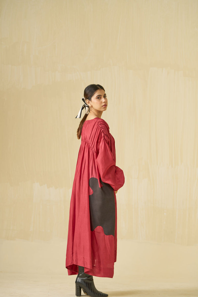 Rose Dress-Hibiscus + Dark Chocolate upada silk dress by Stoique in hibiscus, dark chocolate for women in Singapore