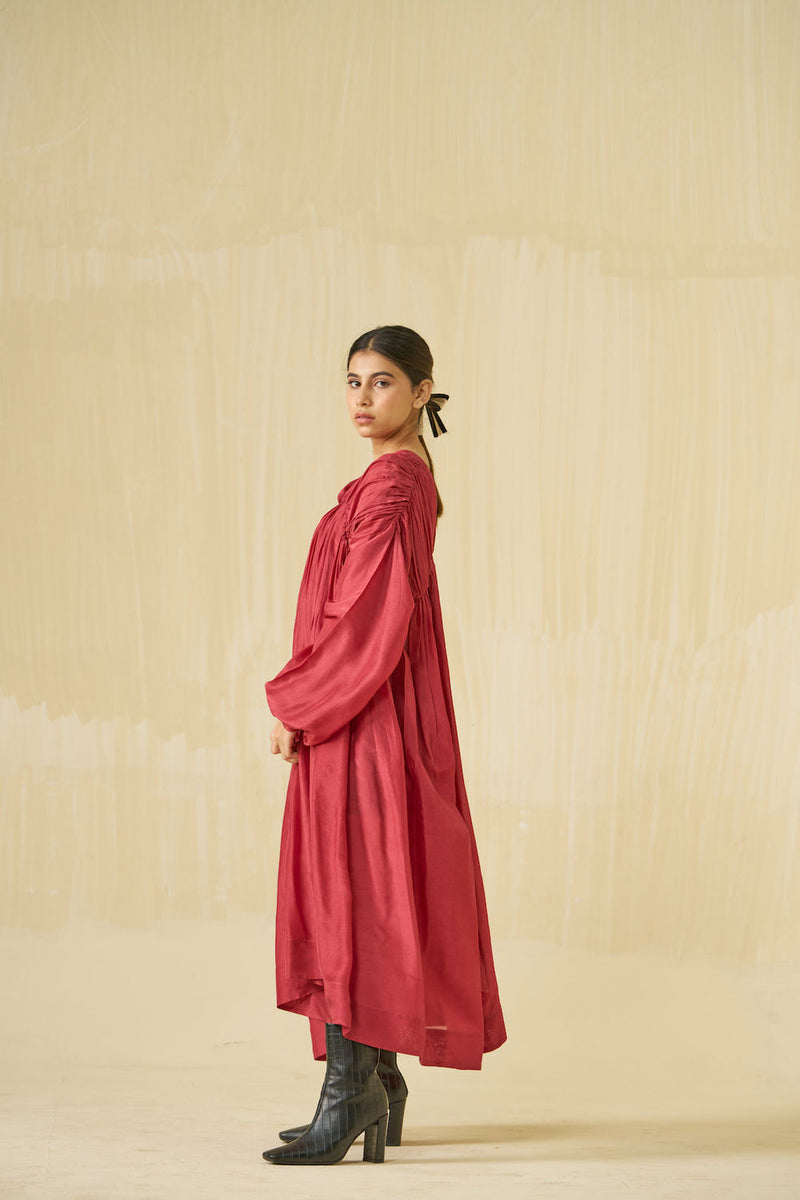 Rose Dress-Hibiscus + Dark Chocolate upada silk dress by Stoique in hibiscus, dark chocolate for women in Singapore